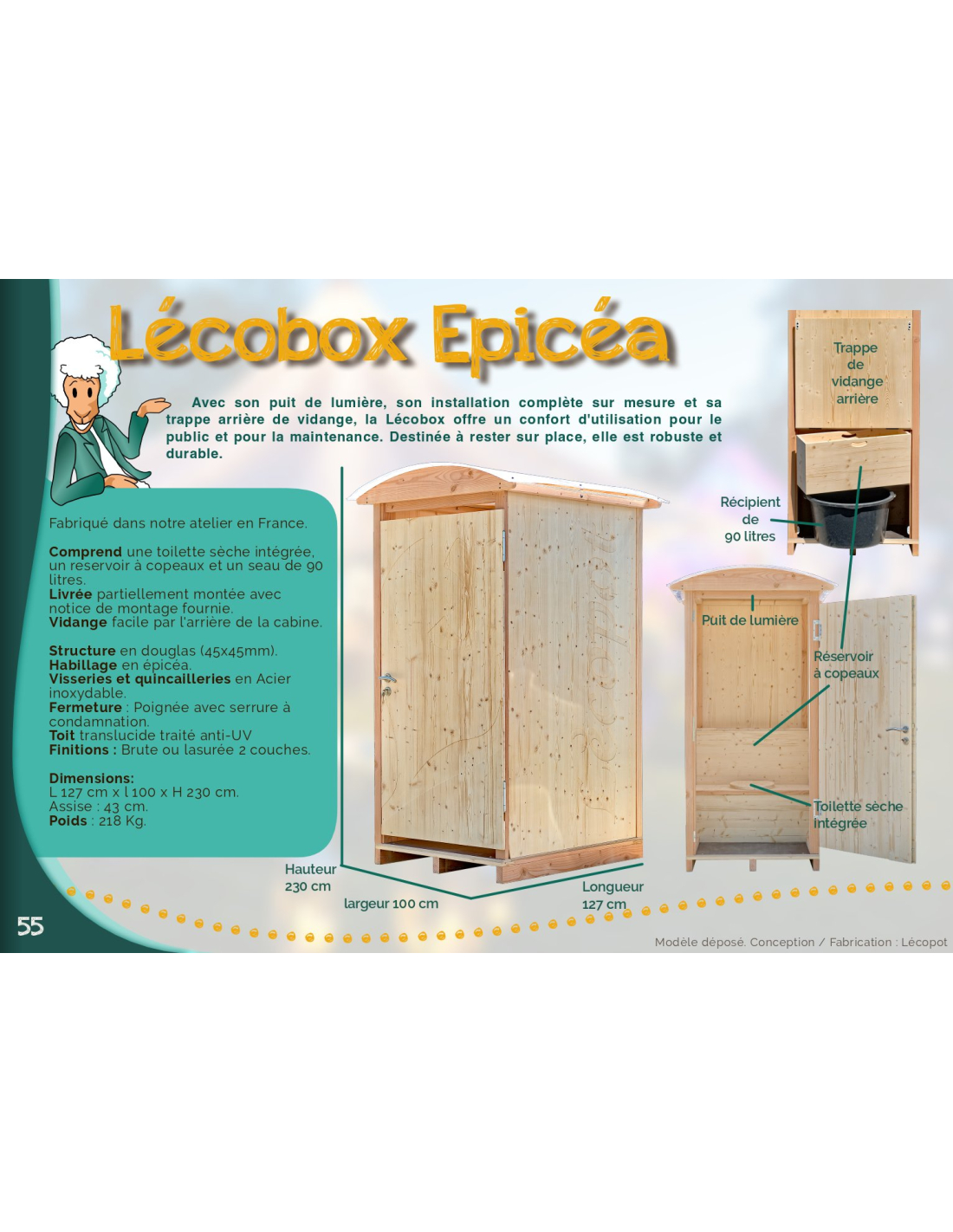 Toilette sèche en bois de pin et épicéa Coccinelle 40 x 54 cm - Lécopot